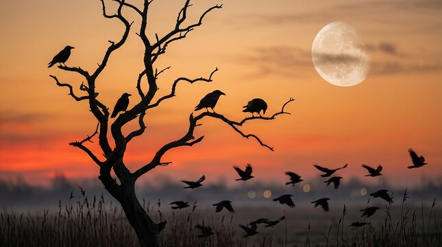 Silhouettes of crows perched on a bare tree and flying over a misty field at sunset with a large full moon in the sky.