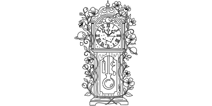 Continuous One Line Drawing of Vintage Grandfather Clock with Flowers