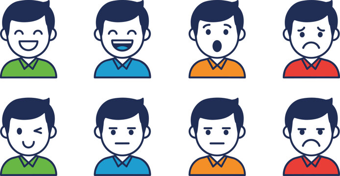 Male Avatar Emotion Icon Set with Facial Expression Symbols for User Mood States, Reaction Indicators, Customer Feedback, and Digital Profile Interface Design