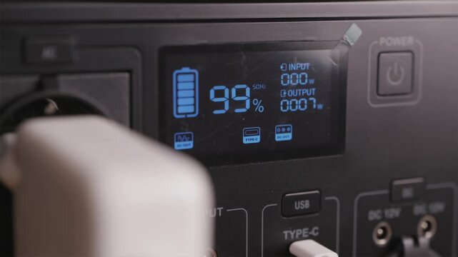 Close-up of portable power station LCD screen showing real-time power output in watts