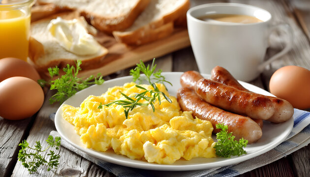 Continental breakfast with scrambled eggs and sausages