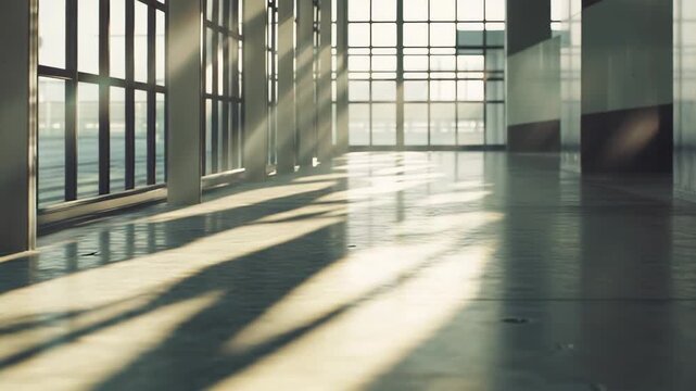 Sunlight streaming through large windows of an empty contemporary building hallway, creating strong geometric shadows and highlighting the clean, reflective floor surface