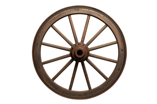 Vintage wooden wagon wheel with spokes and hub, an antique symbol of historical transportation and rustic life