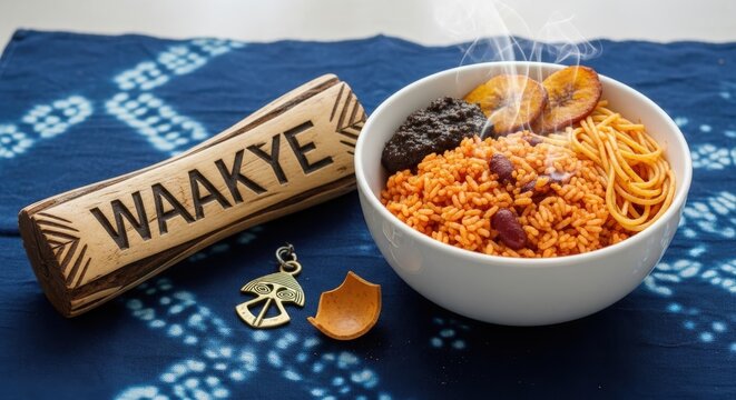 Authentic Ghanaian Waakye Rice and Beans with Shito and Plantain - Traditional West African Street Food on Indigo Adinkra Textile