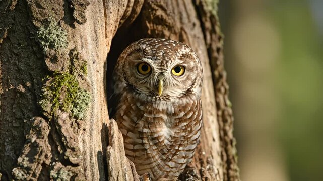 A beautiful spotted owlet emerges from its cozy tree hollow, observing its forest surroundings with keen yellow eyes.