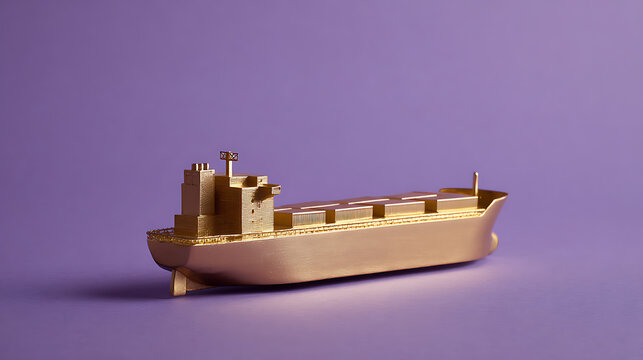 Shiny Gold Model Cargo Vessel Against a Violet Background with Copy Space, Symbolizing Global Trade, Transport, and Economic Prosperity