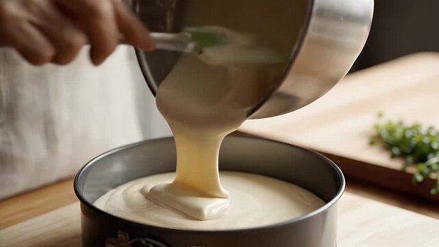 Person pouring creamy batter from a bowl into a round baking pan for dessert