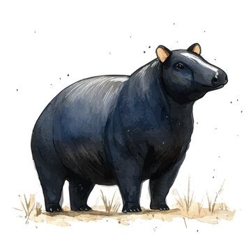 watercolor graphic of Brazilian Tapir illustration, isolated on a white background.