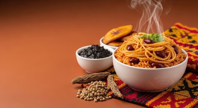 Gourmet Ghanaian Waakye Rice and Beans with Shito and Plantain - Offset Layout with Warm Terracotta Copyspace for Headlines