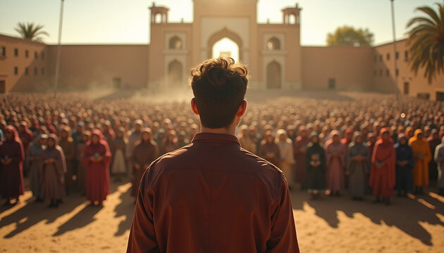 Gathered crowd listening to preacher in ancient biblical scene with distinguished architecture in background.