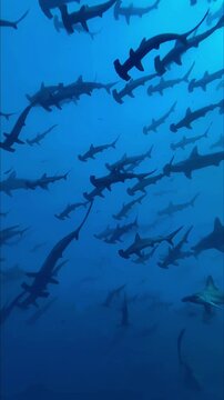 Massive School of Scalloped Hammerhead Sharks Swimming Underwater