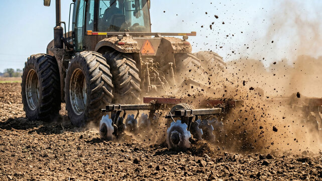 Dynamic action shot of a tractor towing a metal disc harrow cutting through dry soil with flying dust