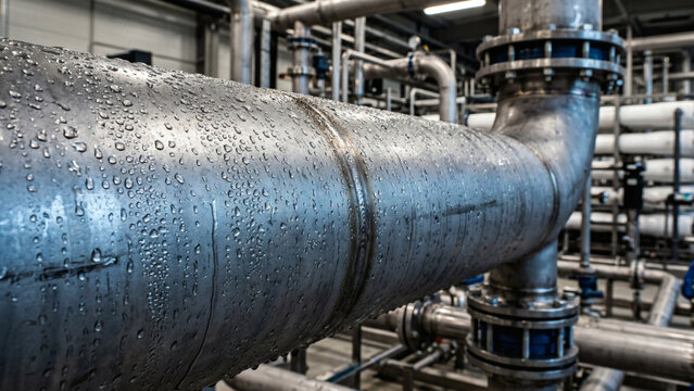 Close-up of heavy water condensation droplets on a massive stainless steel pipe inside an industrial facility