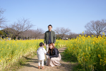 Naklejka premium Family enjoys sunny day in golden flower field. Parents smile warmly beside child on dirt path. Bright yellow blooms surround them, framing the scene. Clear blue sky enhances peaceful