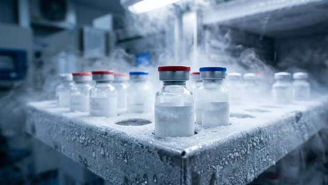 Close-up of glass pharmaceutical vials in a frosted metal rack surrounded by cold cryogenic vapor