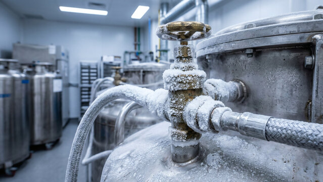 Close-up of heavily frosted industrial brass valves and stainless steel cryogenic tanks in a facility