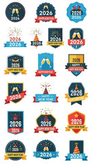 Naklejka premium collection of new year 2026 celebration badges and labels with champagne toasts and fireworks