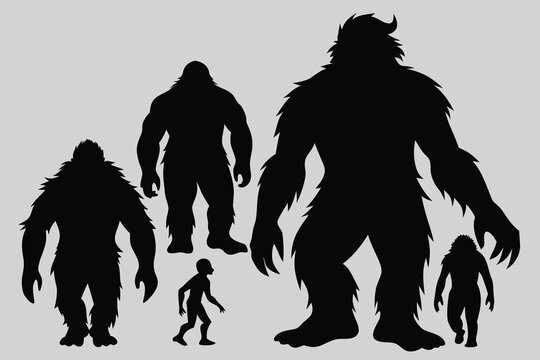 Silhouettes of bigfoot creatures in different sizes and poses on grey background