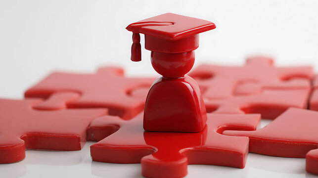Red Graduation Cap Figure with Puzzle Pieces: Concept of Education, Achievement, Problem Solve, and Future. Academic Success and Intellectual Development
