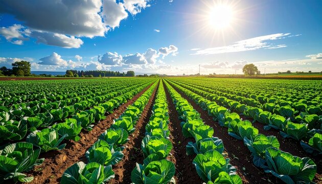 Agricultural Field of Cabbage Crops Under Sunny Sky Rows of Green Plants in Farmland Rural Scene Sustainability.