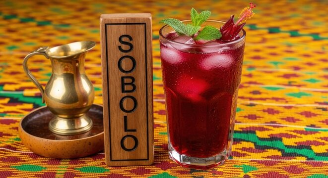 Authentic Ghanaian Sobolo Hibiscus Drink with Mint and Ice - Traditional West African Red Zobo Juice on Kente Mat with Odum Sign