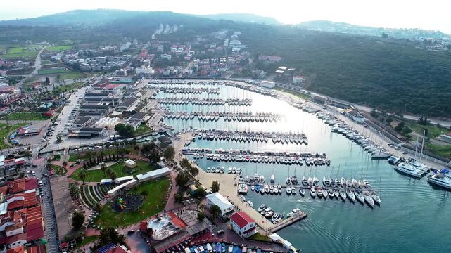 Aerial Drone View of Teos Marina and Sigacik Coastal Town in Izmir, Turkey &ndash; Aegean Sea Harbor and Scenic Village 4K