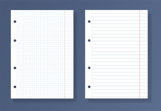 Realistic school paper sheets with red margins and binder holes squared and lined notebook pages isolated on blue background. Vector illustration