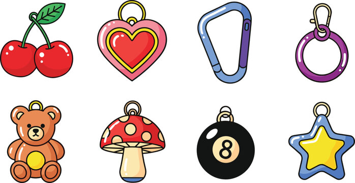 Cute keychain charms illustration set with cherry heart carabiner ring teddy mushroom billiard ball star and accessory collection