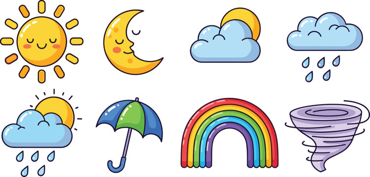 Cute weather icons illustration set with sun moon clouds rain rainbow umbrella and tornado in colorful cartoon style