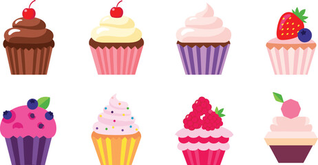 Cupcake dessert illustration set with frosting chocolate vanilla berry toppings and sweet bakery food collection for menu design © MdAbuSayed