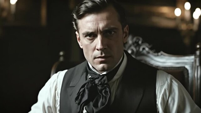A serious man in vintage attire exudes elegance in a dark setting.