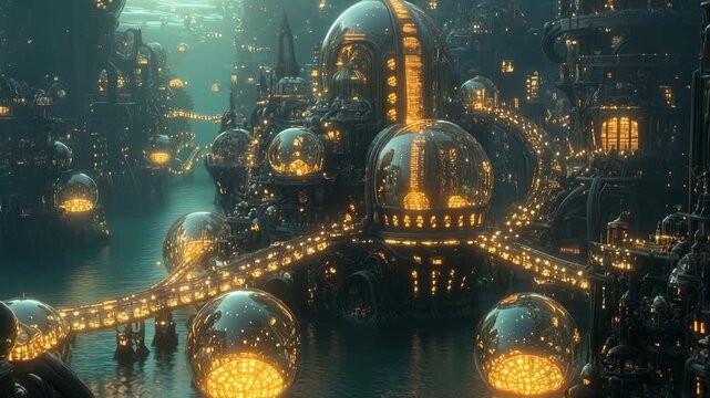 Symmetrical underwater city features bubble-like domes and illuminated pathways creating a serene aquatic environment