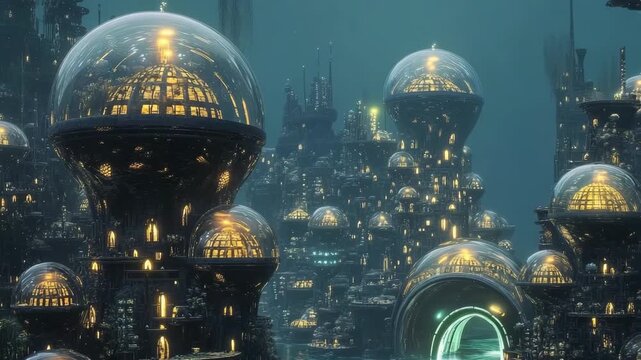 Symmetrical underwater city features bubble-like domes and illuminated pathways creating a serene aquatic environment
