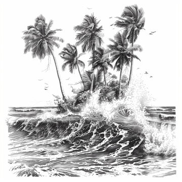 black and white tropical island with palm trees