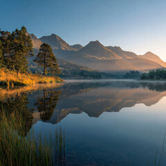 Fototapeta premium Sunrise over misty mountains reflected in calm lake, serene nature landscape photography