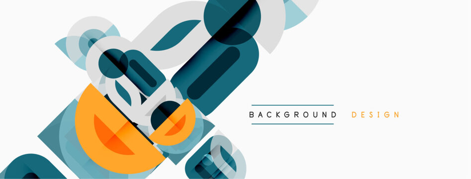 Abstract geometric shapes overlap, creating dynamic composition. Blue, orange, gray tones dominate design. Minimalist style, clean lines present.