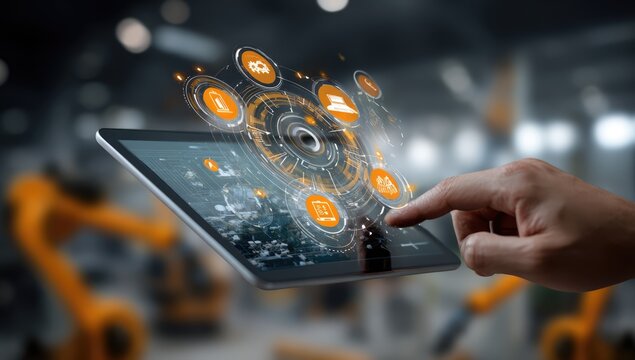 Futuristic Industrial Automation Control Interface on Tablet.
