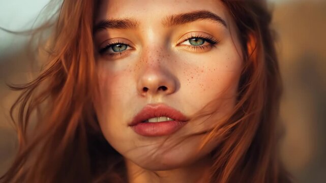 A close-up portrait of a woman with red hair and freckles, exuding beauty.