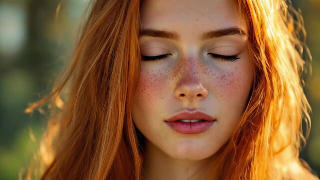 Close-up portrait of a young redheaded woman with freckles.