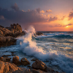 Fototapeta premium Sunset ocean waves crashing on rugged rocky shore, dramatic seascape with warm golden hues