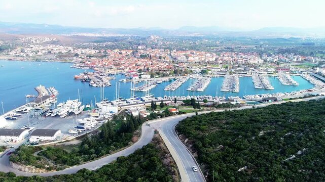 Aerial Drone View of Teos Marina and Sigacik Coastal Town in Izmir, Turkey &ndash; Aegean Sea Harbor and Scenic Village 4K