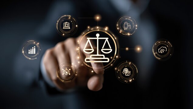 Justice and Law Concept - Hand Touching Scales Icon.