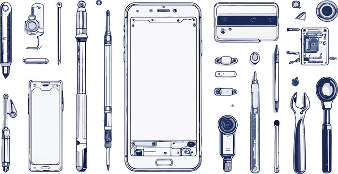 Exploded View of Repairable Modular Smartphone &mdash; Line-Art Technical Diagram
