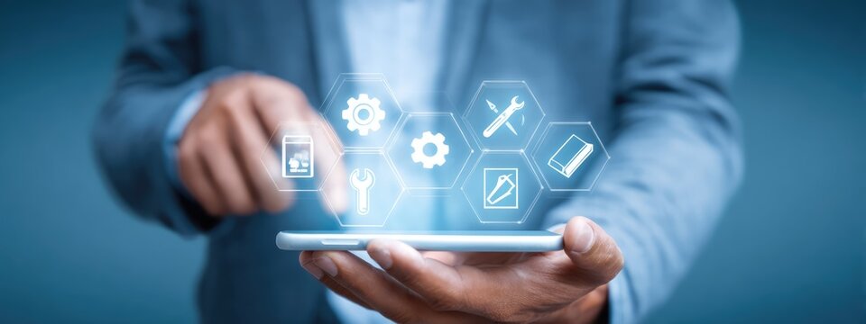 Man using a smartphone with application icons hovering above.