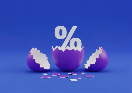 A white percentage symbol emerging from a cracked purple eggshell isolated on a dark blue background