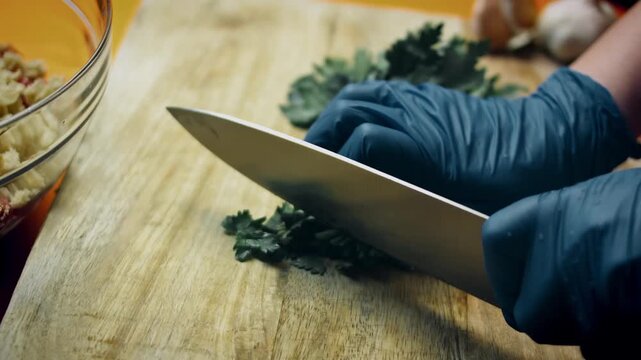 Preparing fresh parsley by chopping on wooden surface