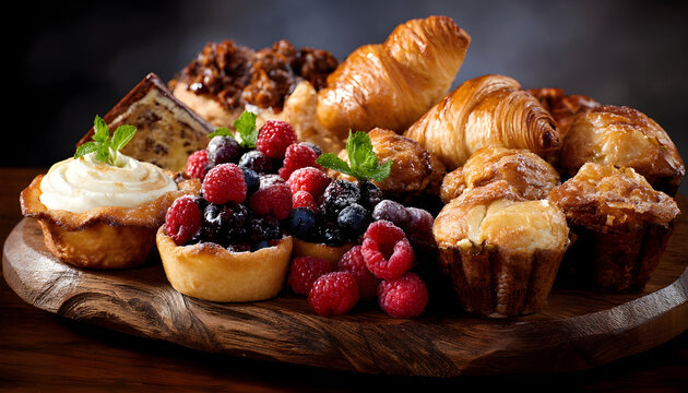 Gourmet selection of assorted breakfast pastries like croissants, muffins, and fruit tarts elegantly presented on a rustic wooden platter