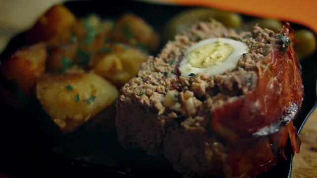 Falscher Hase slice with egg, accompanied by baked potatoes and pickles