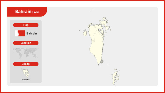Vector illustration map of Bahrain. Includes national flag, location, and capital information.
