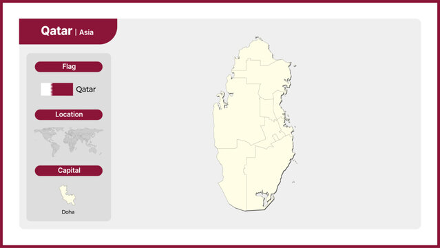 Vector illustration map of Qatar. Includes national flag, location, and capital information.